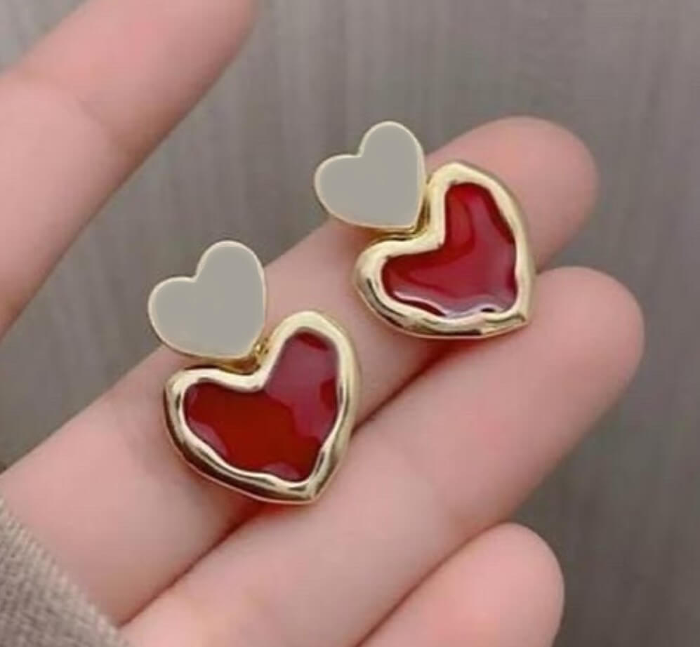 Cute Red & Grey Heart Stud Earrings – Enamel & Gold Plated Love Earrings