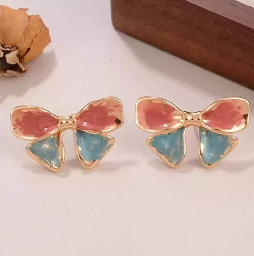 Pastel Enamel Bow Earrings – Pink & Blue Gold-Plated Studs for Women