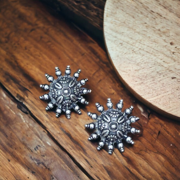 Oxidized Silver Small Sun Stud Earrings