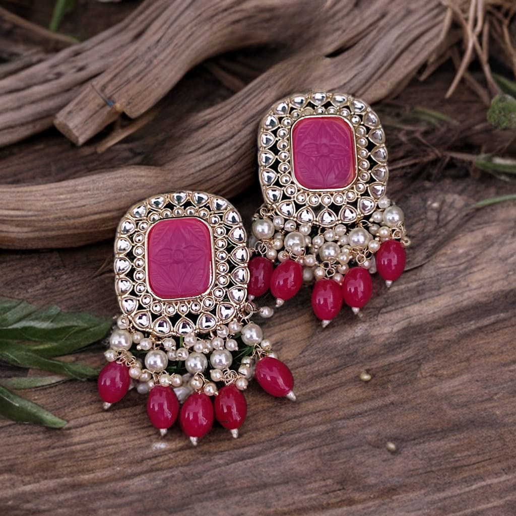 Carved Stone Hot Pink Earrings with Kundan