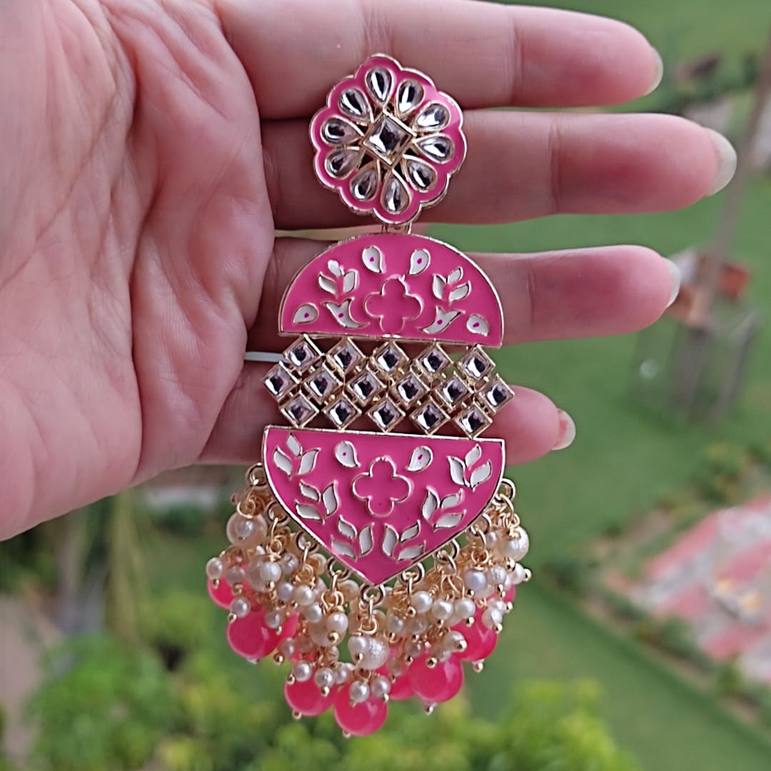 Shaina Pink Meenakari Kundan Pearl Long Danglers