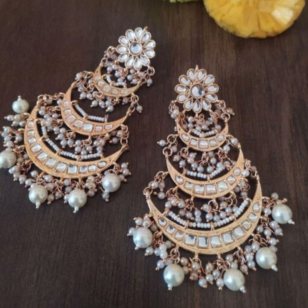 Anumeha Rose Gold Kundan Pearl Long Chandbali Multi Layered Danglers
