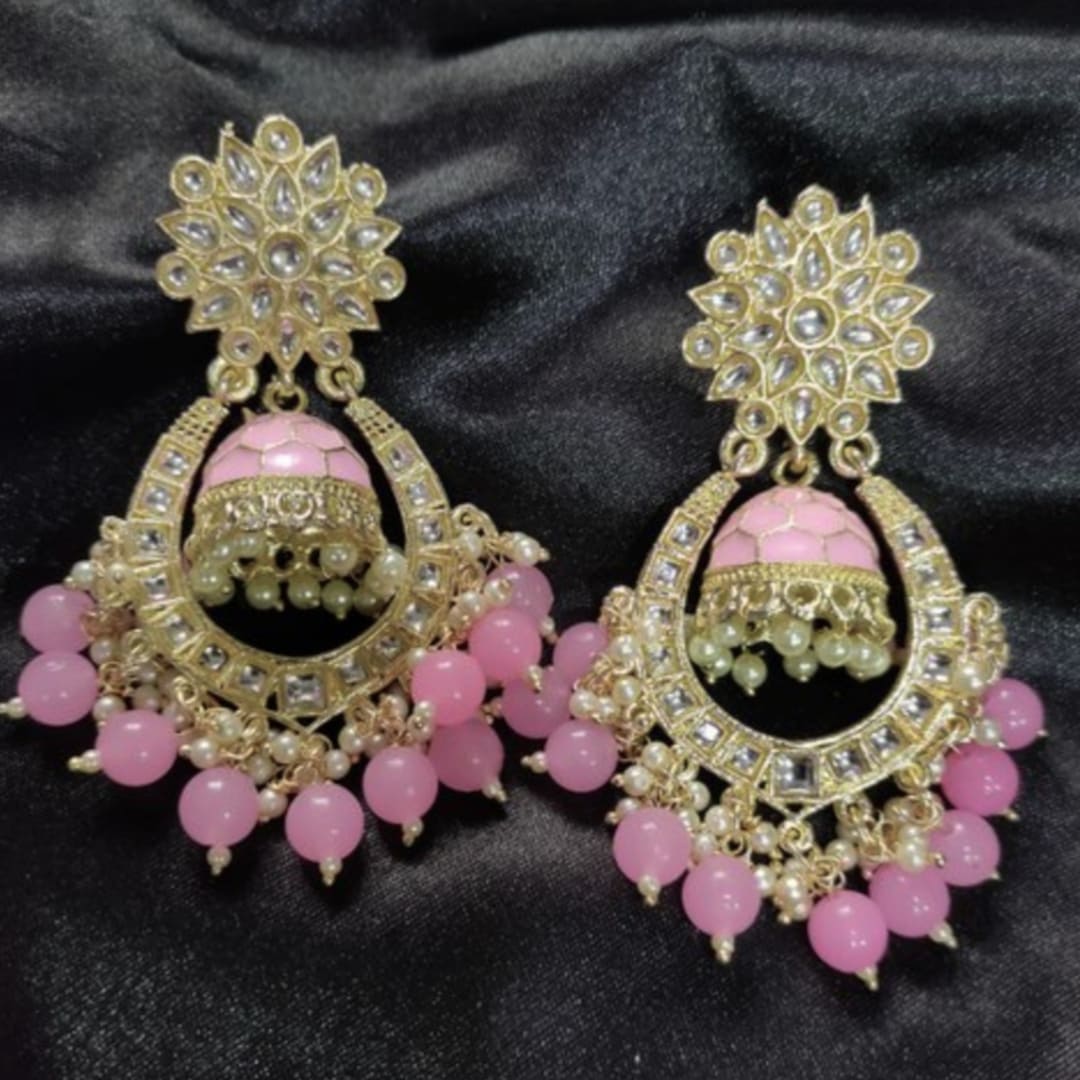 Sneha Pink Meenakari Kundan Pearl Jhumka Danglers