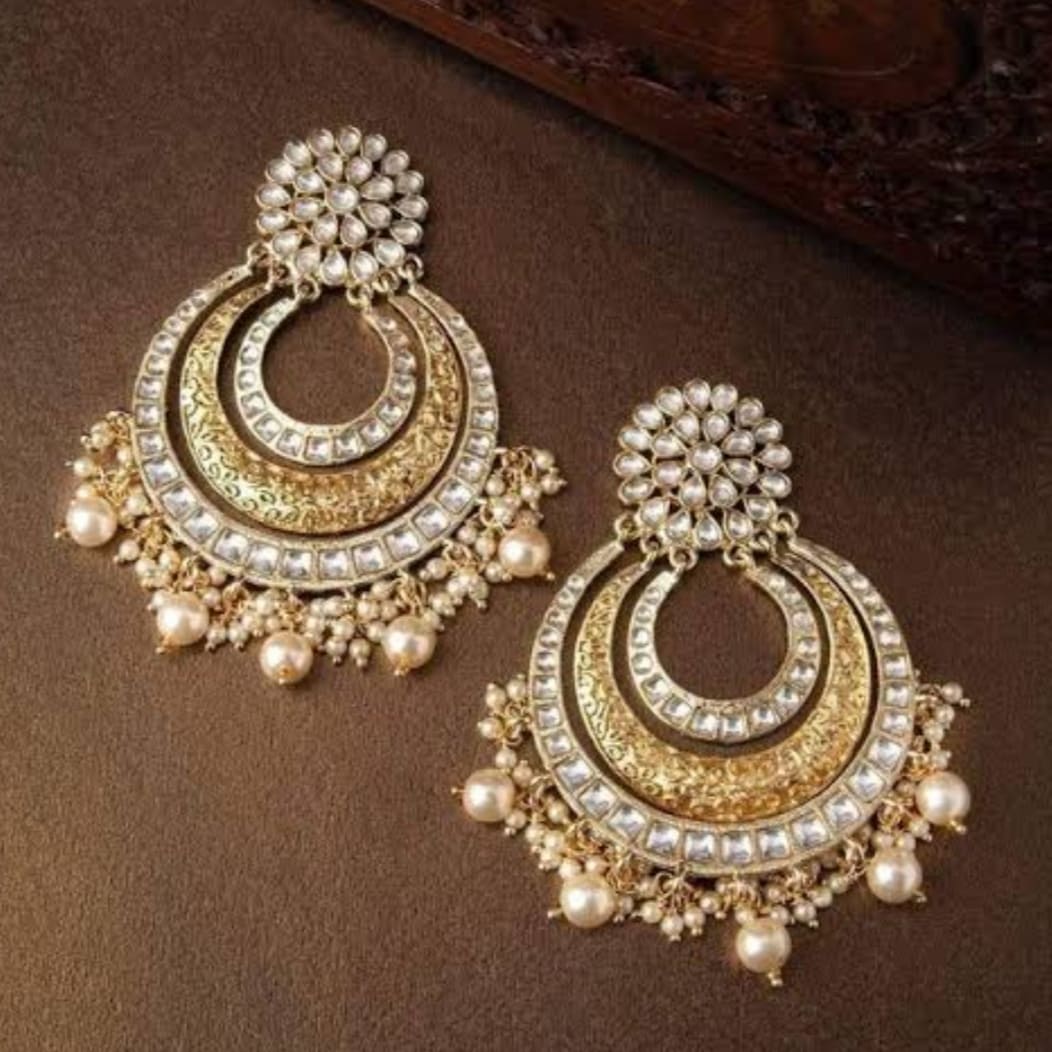 Gold Plated White Kundan and Pearl Chandbali Earrings