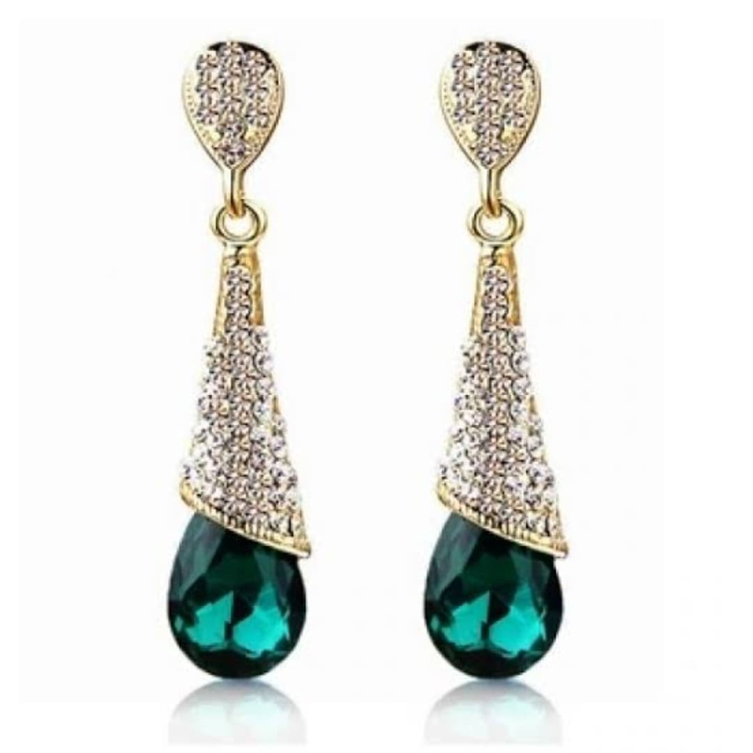 Green Crystal with American Diamond Drop Earrings
