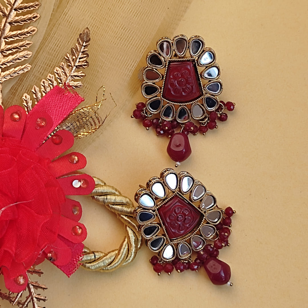 Aahana Maroon Carved Stone with Mirror and Glass Beads