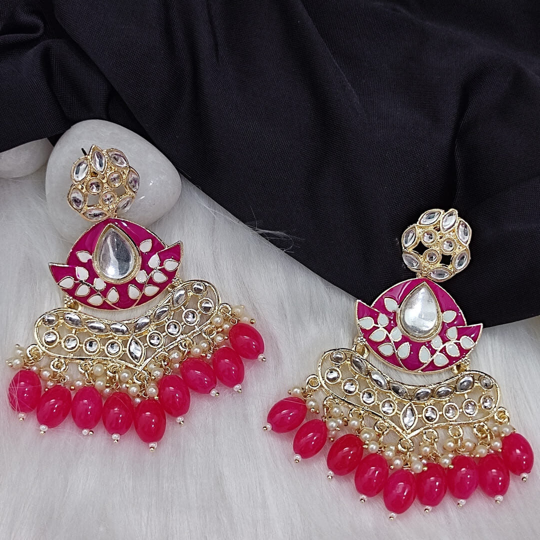 Gehna Gold Plated Meenakari Kundan Danglers in Hot pink Color