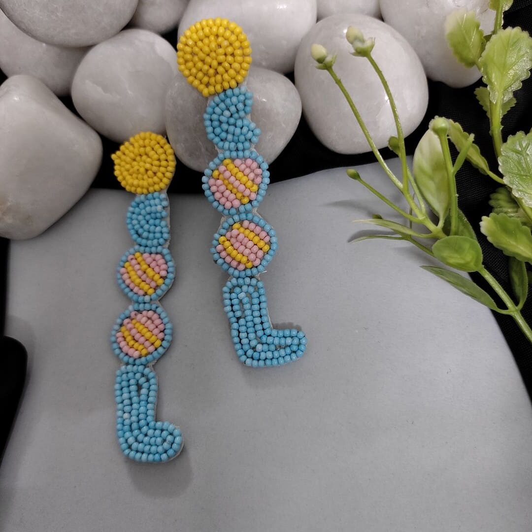 Beaded Cool Earrings in Sky Blue and Yellow Color
