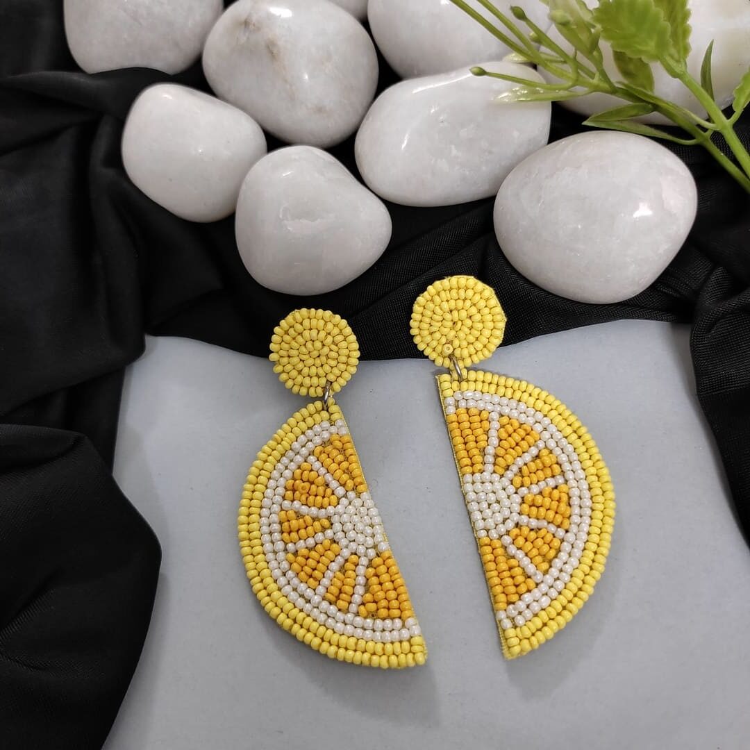 Beaded Lemon Slice Yellow Earrings