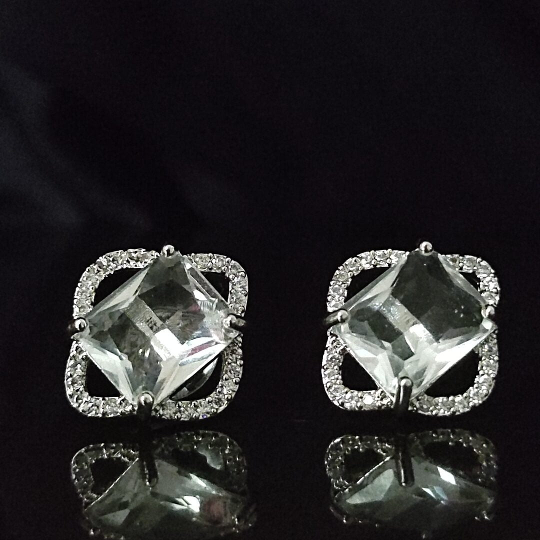 Ella Princess-Cut Stud Earrings with CZ Halo