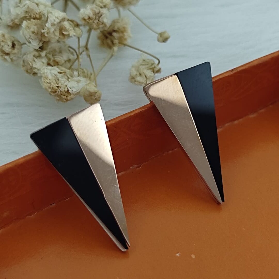 Avni Anti Tarnish Black and Rose Gold Triangle Stud Earrings