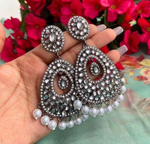 Adya Black Gun Metal Oval Earrings with Kundan & Pearl Drops