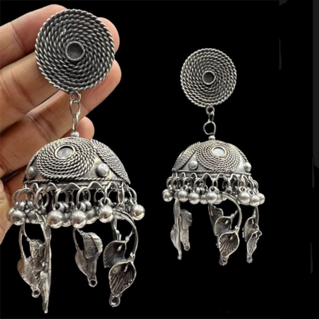 Varnika Oxidized Leaf Dome Jhumkas – Tribal Statement Earrings