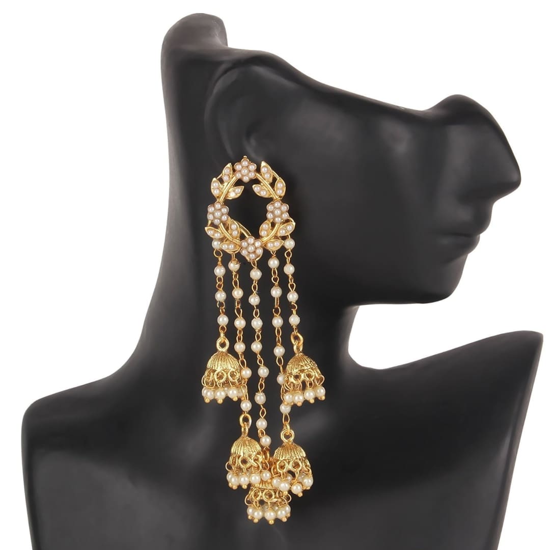 Gold Plated Designer Long Pearl Earrings with Jhumka
