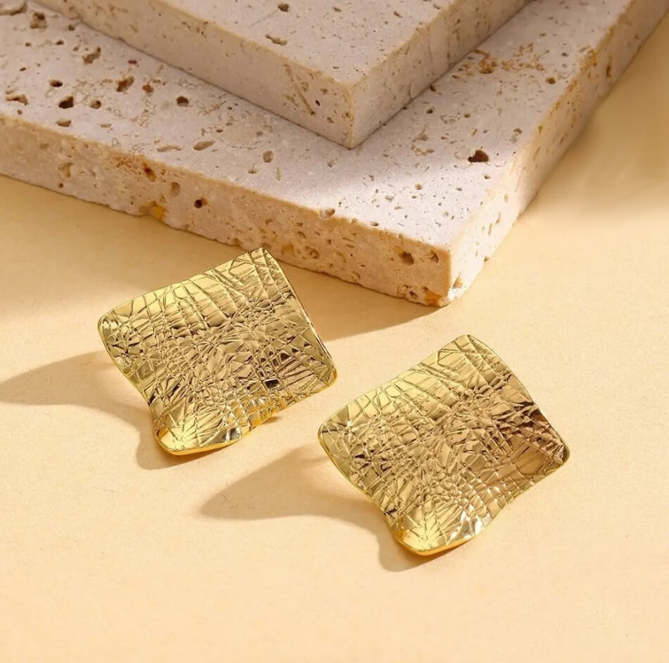 Golden Textured Square Earrings