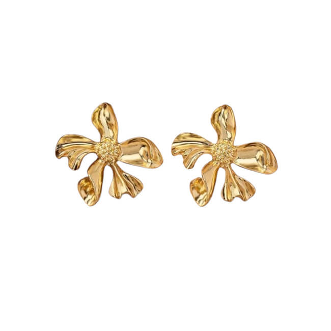 Elegant Gold Floral Statement Earrings – Sculpted Flower Design with Crystal Center