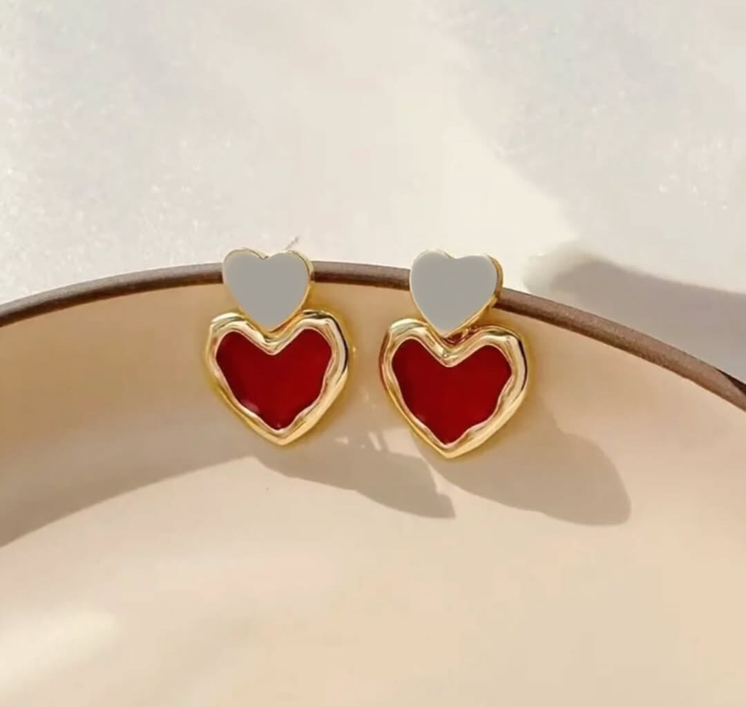 Cute Red & Grey Heart Stud Earrings – Enamel & Gold Plated Love Earrings