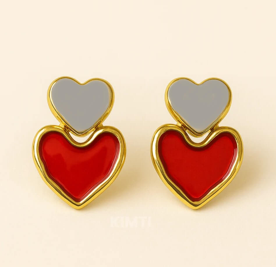Cute Red & Grey Heart Stud Earrings – Enamel & Gold Plated Love Earrings