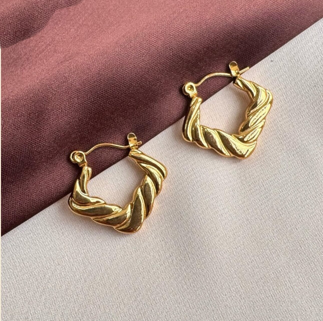 Twisted Square Gold Hoop Earrings – Modern Sculpted Minimalist Hoops