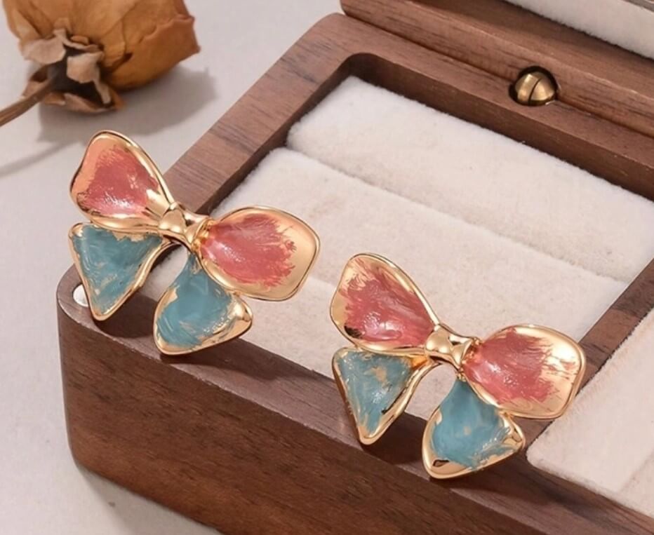 Pastel Enamel Bow Earrings – Pink & Blue Gold-Plated Studs for Women