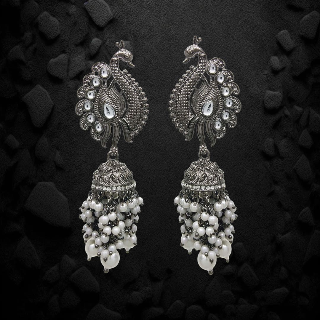 Oxidized Black Gun Metal Polish Peacock Dangler Earrings with Hanging Pearl Bunch