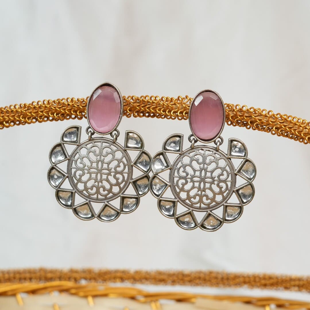 Oxidized Brass Designer Round Pink Monalisa Stone Earrings