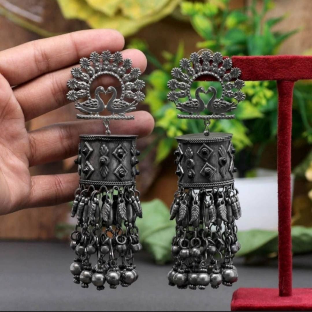 Oxidized Double Peacock Cylinder Jhumka Earrings – Heritage Edition