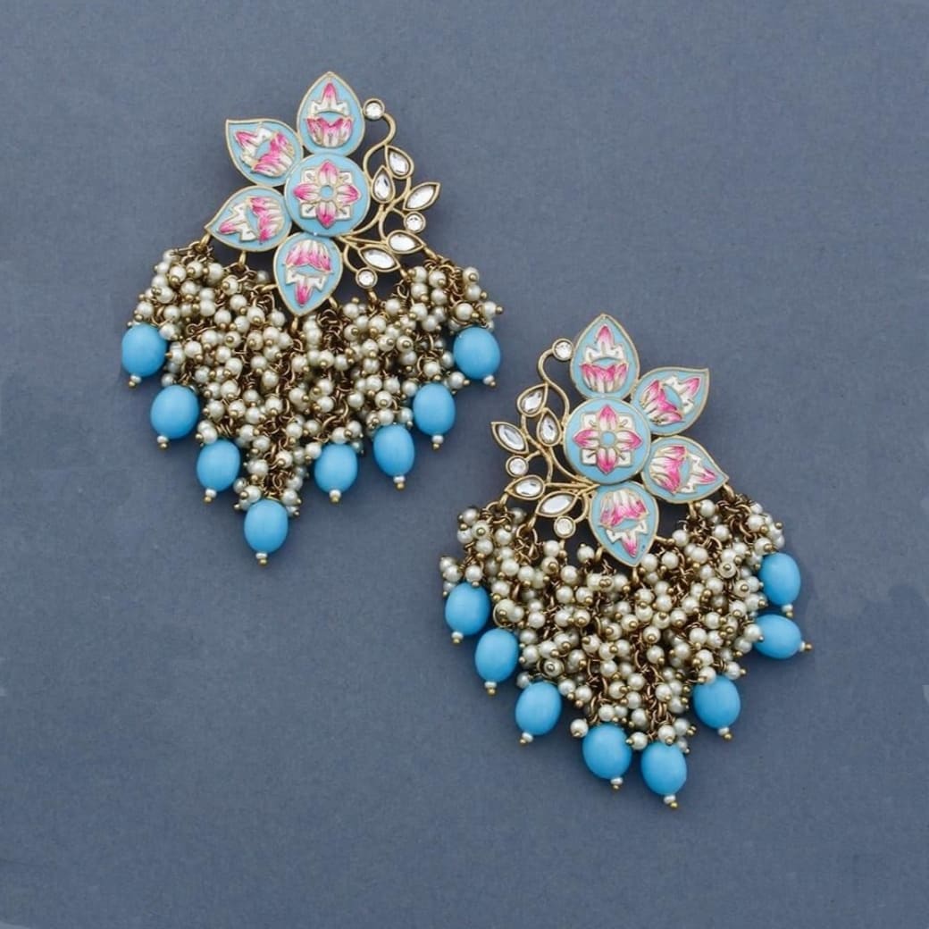 Sky Blue Flower Meenakari Earrings with Pearls and Kundan