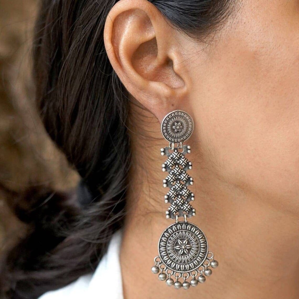 Oxidised Silver Tribal Long Drop Earrings – Boho Ethnic Vibes