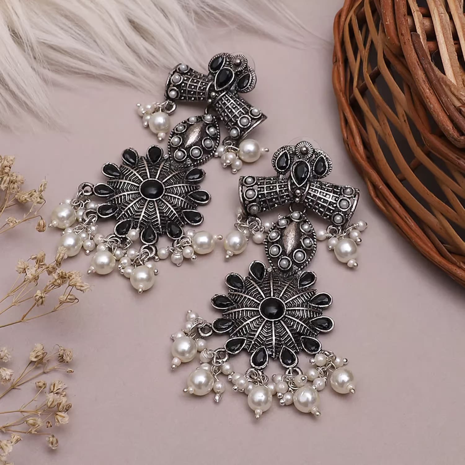 Tarini Earrings – Black Stone Oxidised Chandbalis with Pearl Drops