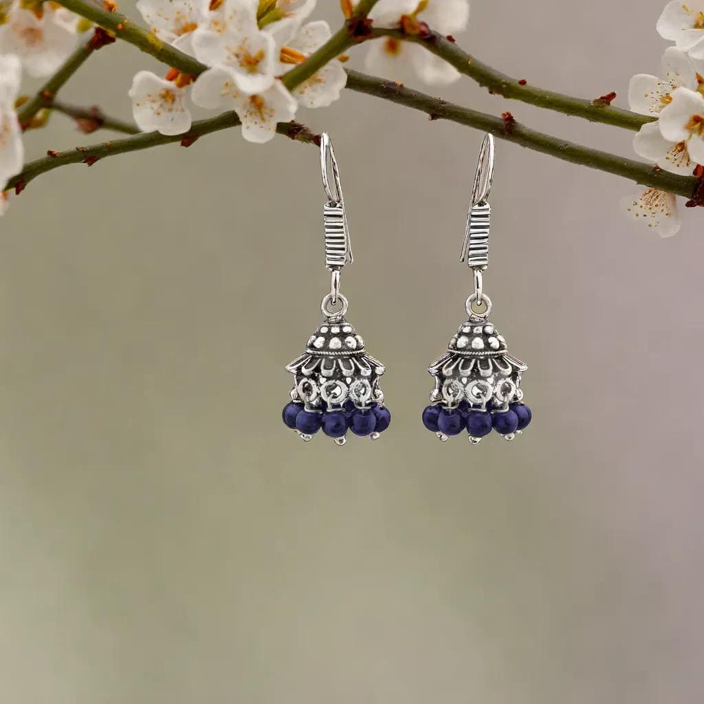 Oxidized Silver Blue Jhumka Earrings