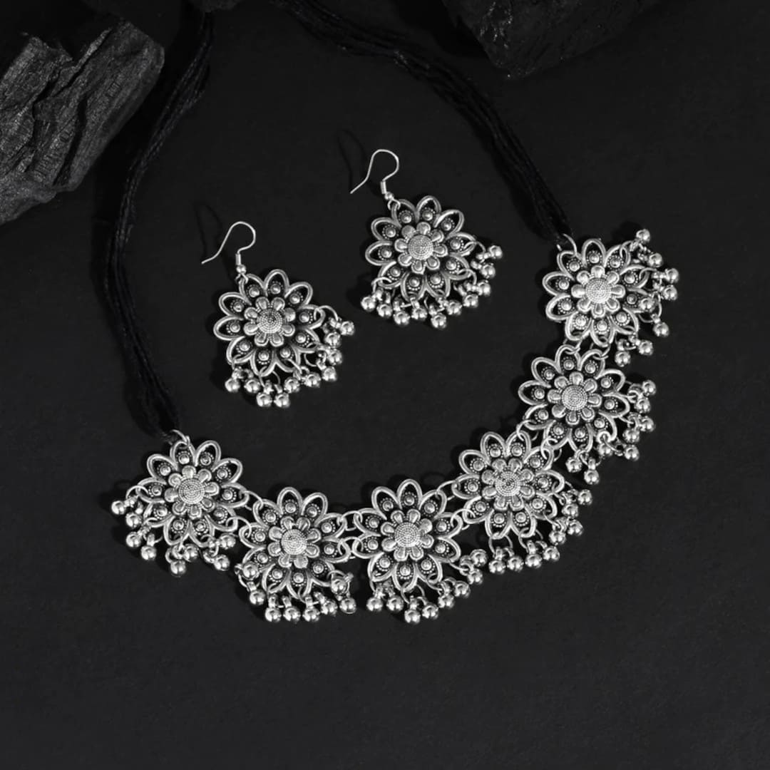 Oxidized Silver Flower Choker Necklace with Ghungroo
