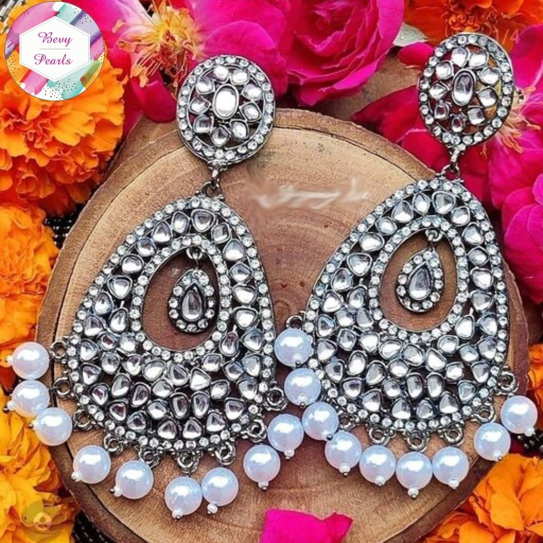 Adya Black Gun Metal Oval Earrings with Kundan & Pearl Drops