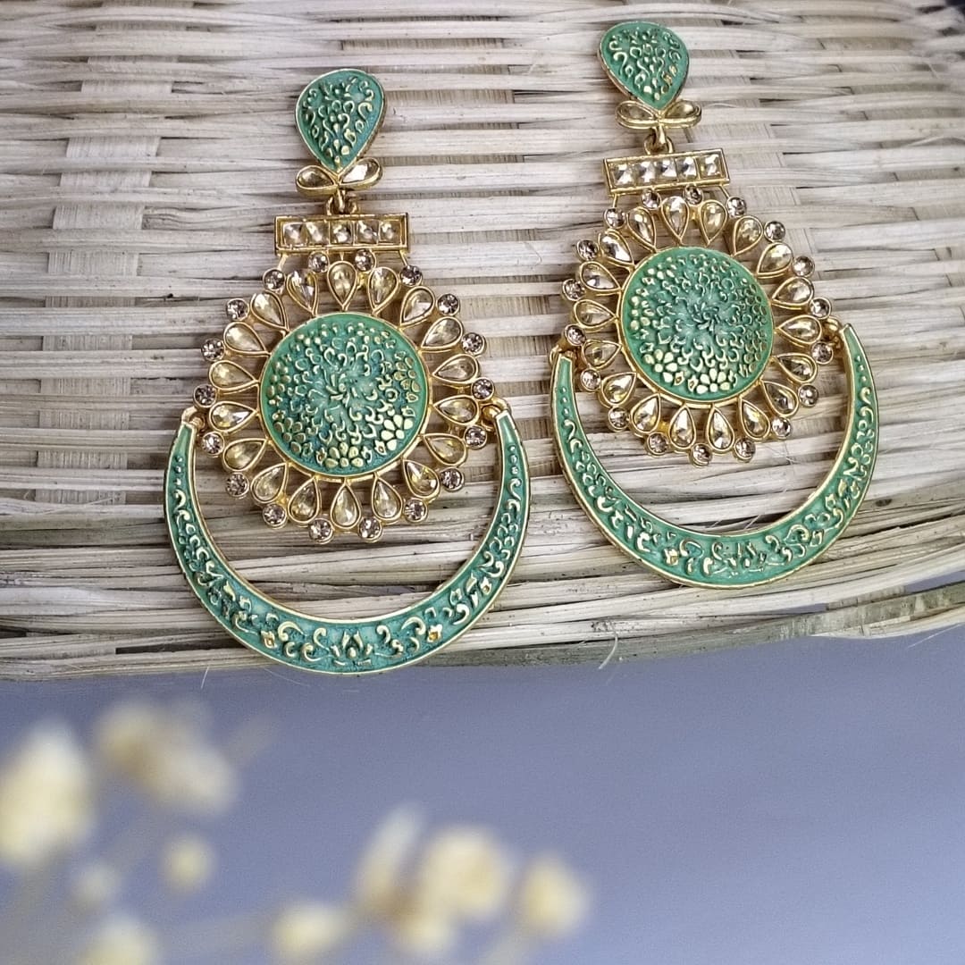 Green Meenakari Chandbali Earrings