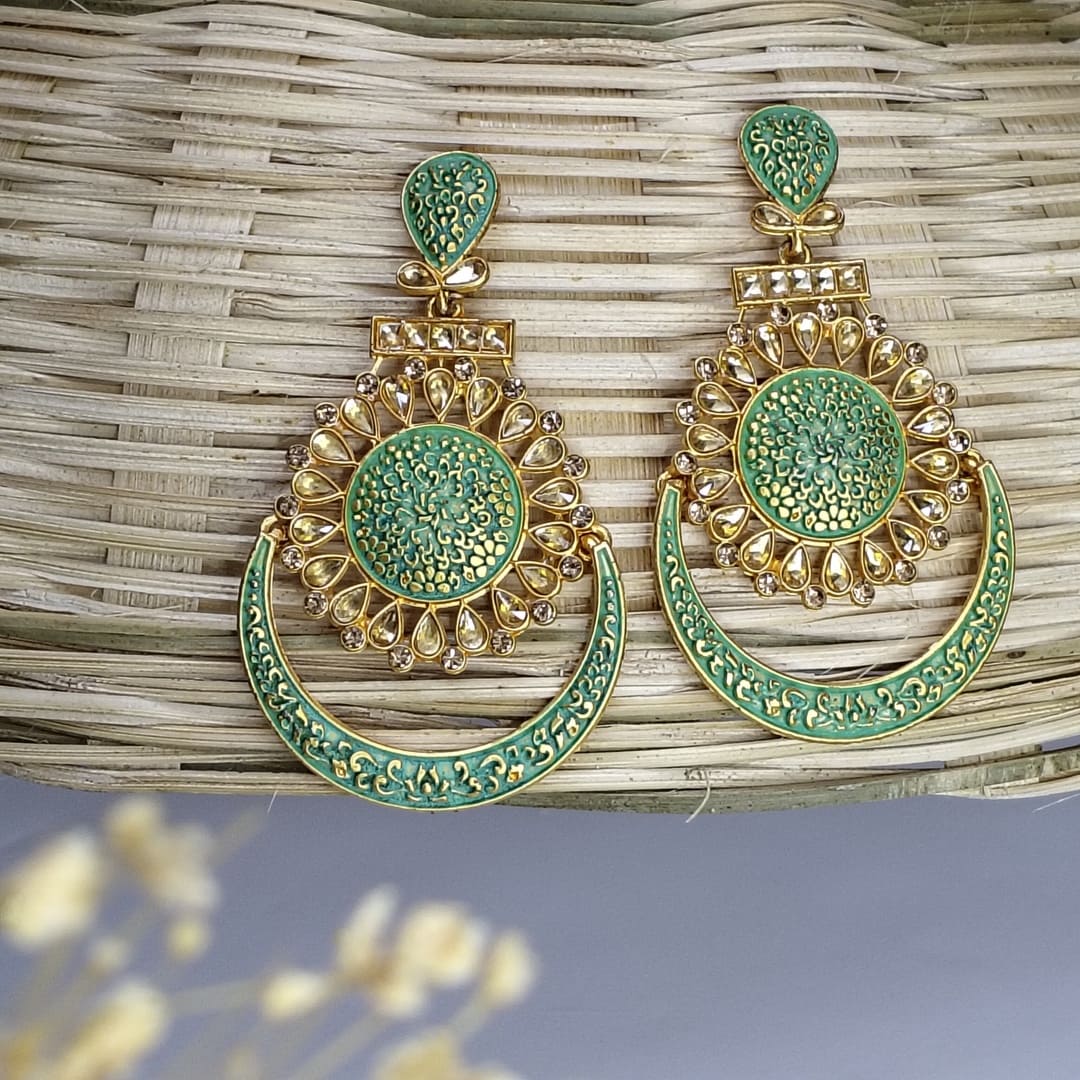 Green Meenakari Chandbali Earrings