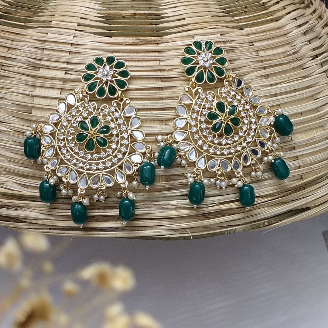 Green Mirror Chandbali Earrings – Traditional Indian Bridal Jewelry with Beads