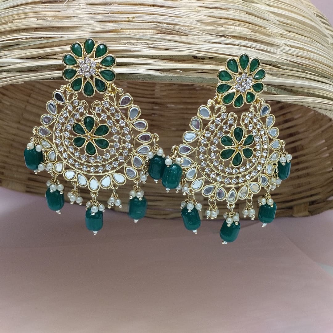 Green Mirror Chandbali Earrings – Traditional Indian Bridal Jewelry with Beads
