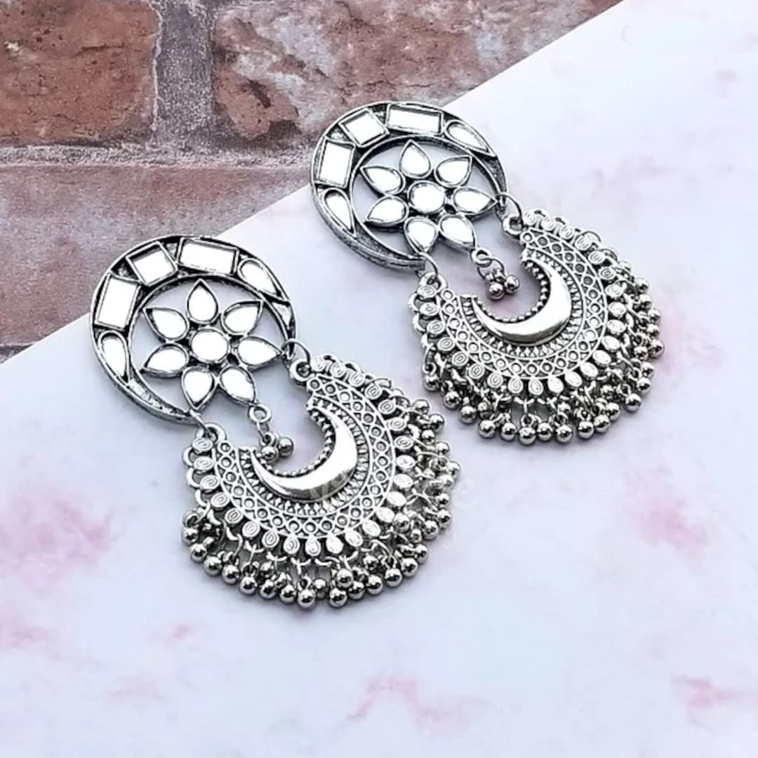 Inverted Mirror Chandbali Earrings – Oxidized Crescent Danglers
