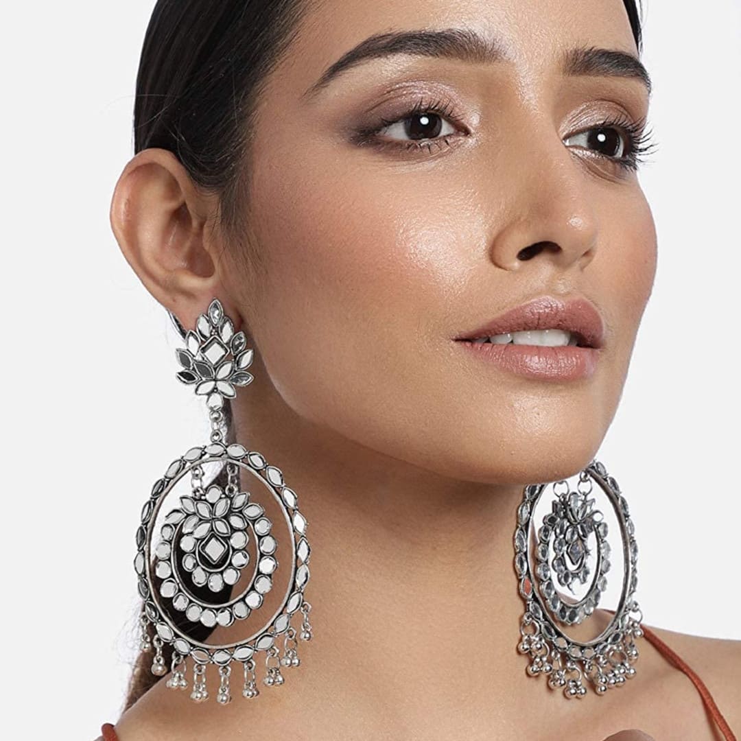 Oxidized Silver Kundan Big Danglers