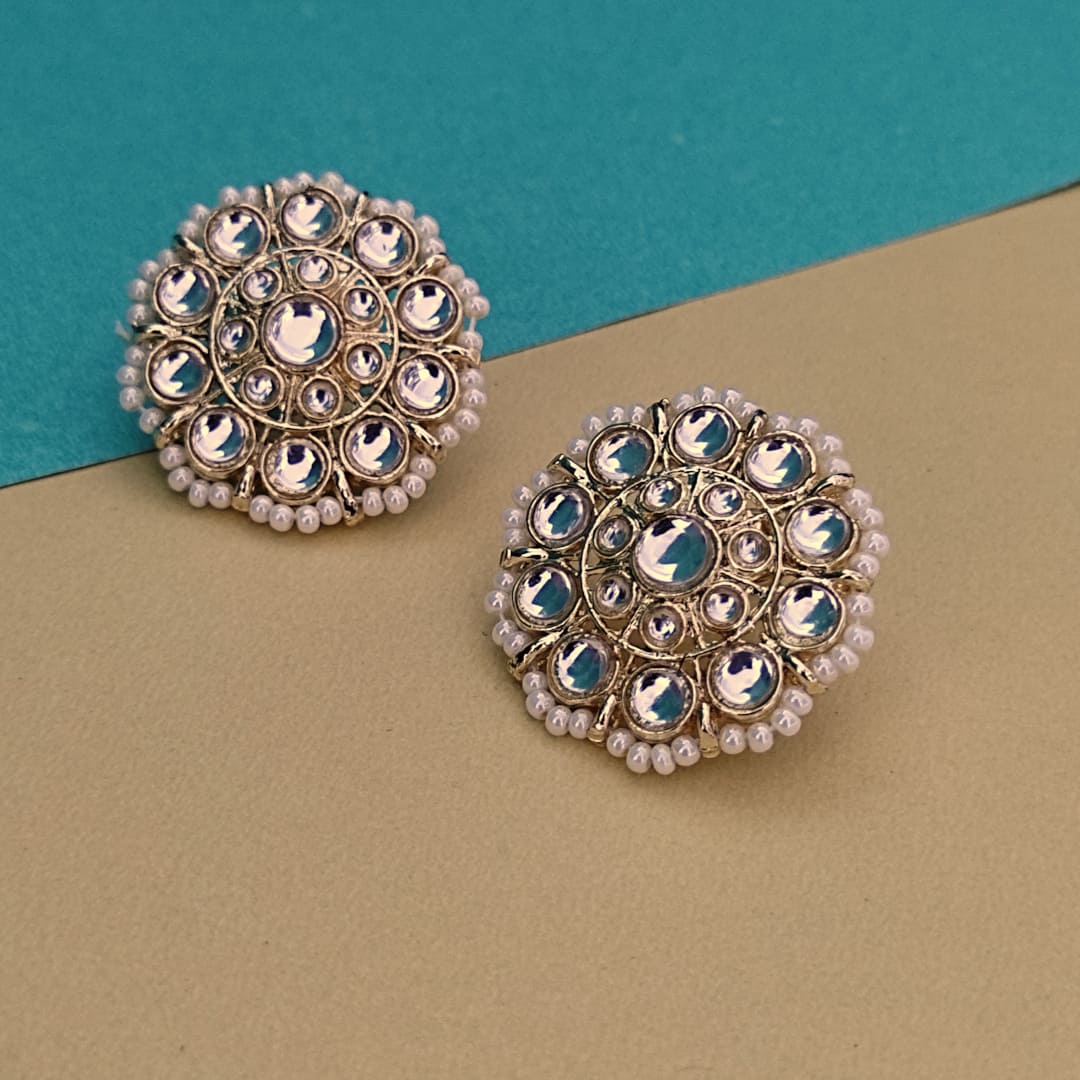 Gold Plated Flower Shape Kundan Stud Earrings with Pearl Border