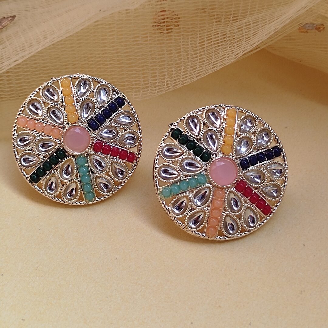 Kirti Gold Plated Kundan with Mint Green Stone Stud Earrings.