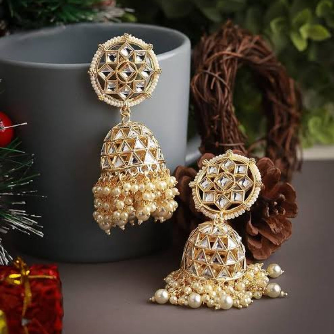 Gold Plated Kundan and Pearl Jhumka Earrings