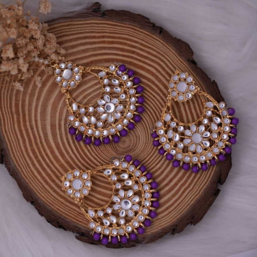 Kundan Earrings with Matching Maang Tikka (Violet Beads)