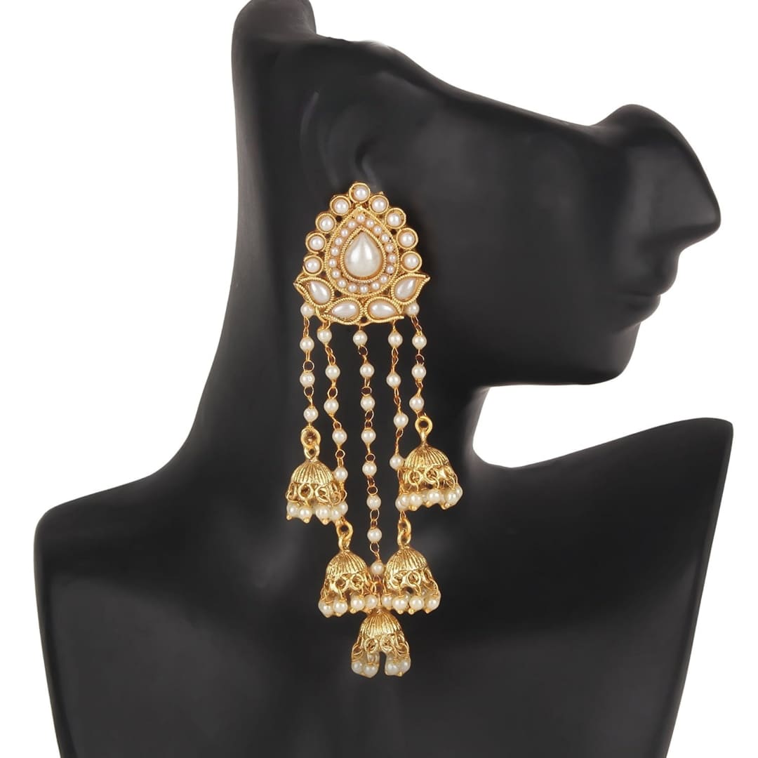 Gold Plated Tear Drop Design Long Pearl Earrings with Jhumka