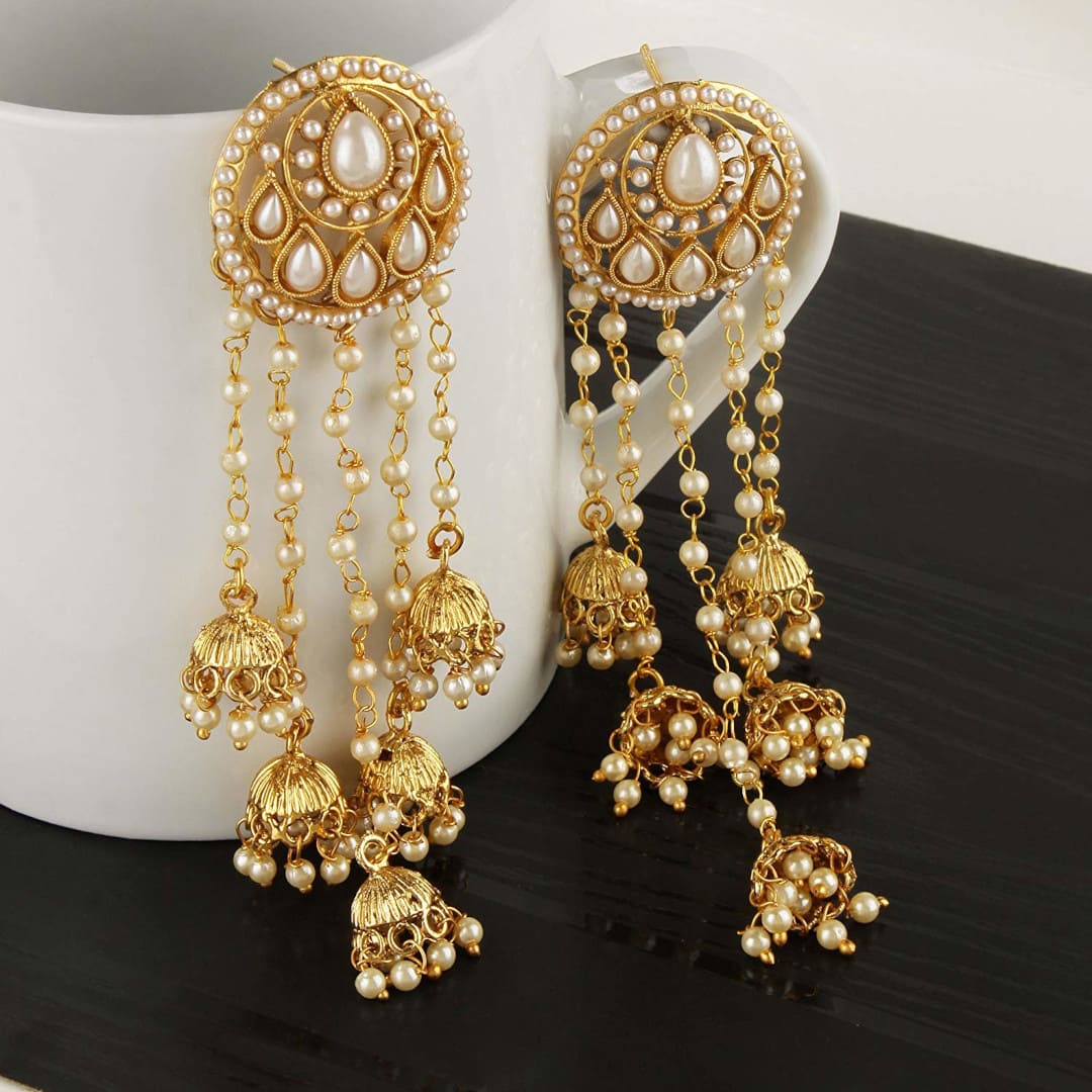 Gold Plated Tear Drop Design Long Pearl Earrings with Jhumka