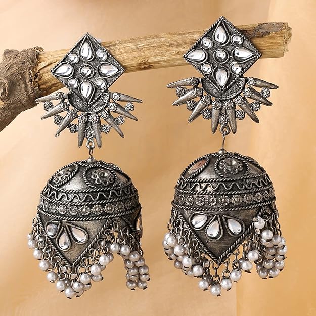 Ravaya Grand Oxidized Dome Jhumkas – Statement Mirror Work Earrings