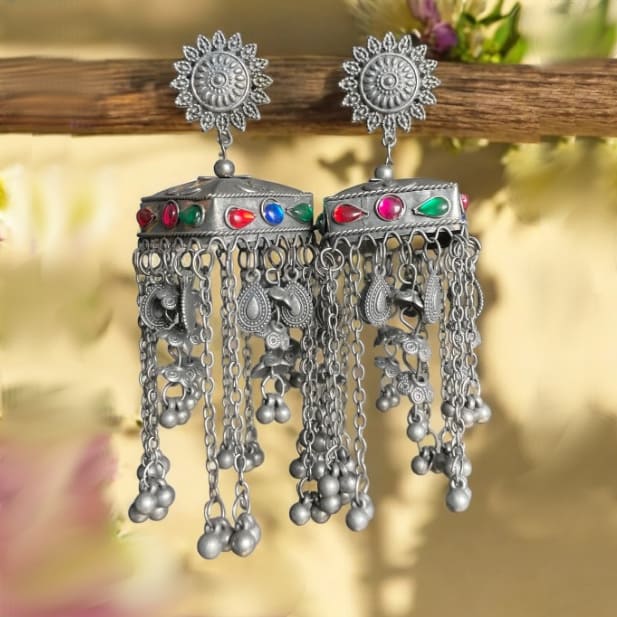 Oxidized Multicolor Stone Square Dome Jhumka Earrings with Chain Danglers
