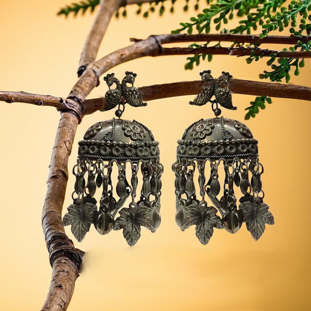 Oxidized Rooster Motif Leaf Drop Jhumka Earrings – Folk Charm Edition