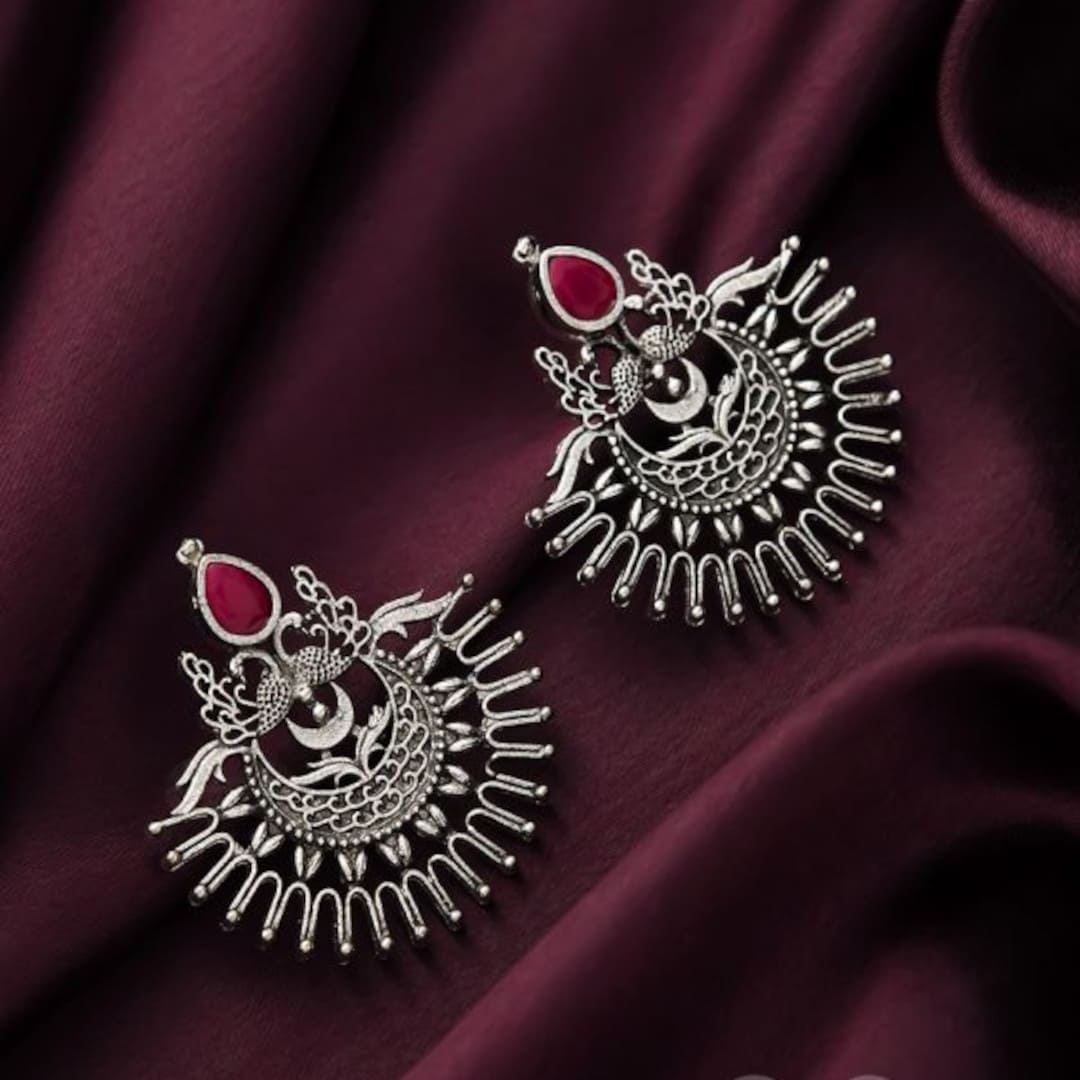 Oxidized Peacock Stud Earrings with Pink Teardrop Stone
