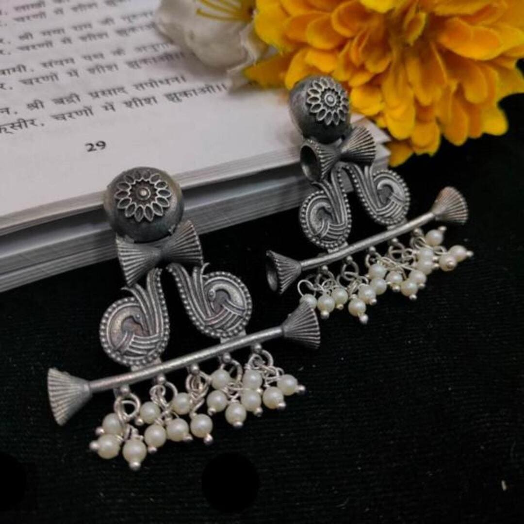 Oxidized Black Metal Polish Tribal Stud Earrings with Hanging Pearls – Boho Ethnic